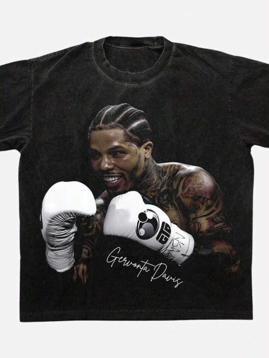 Inspired By Gervonta Davis Halftone PNG Design _ Y2K Boxing Star _ Vintage Black T-Shirt _ Halftone - màu đen - Xem 1