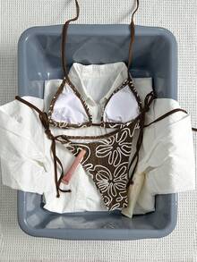 Bikinx Women's Asymmetrical Stripe Tie-Up Triangle Bikini Set, Fashion Summer Vacation - Coffee Brown - View 3