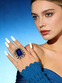 1pc Fashionable Rhinestone Zirconia Geometric Square Ring - Blue - View 1