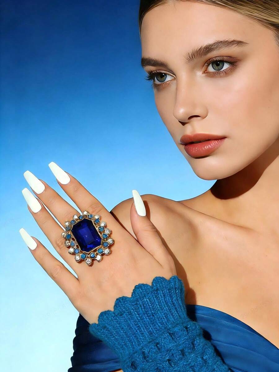 1pc Fashionable Rhinestone Zirconia Geometric Square Ring - Blue - View 1