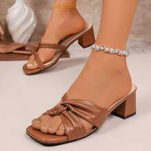 Women's Summer New Satin Thick High Heel Sandals, Twist Woven Design, Casual Everyday Wear, Gentle Style - Brown - View 6