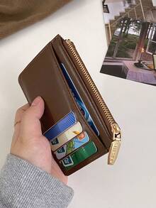 1pc Women's Wallet With Cute Cartoon Fabric Patches,Coin Purse With Multiple Credit Card Slots,Cute Puppy, Kitten, And Hedgehog Pattern Designs, Solid Color PU Leather Cover,Available For Women, Small Wallet, Cute Wallet, Card Holder, Coin Holder,Exquisite And Easy To Carry,Dating,Holidays - Brown - View 2