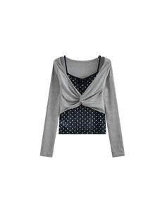 Women's Fashionable Versatile 2 In 1 Long Sleeve T-Shirt - Black and Gray - View 5