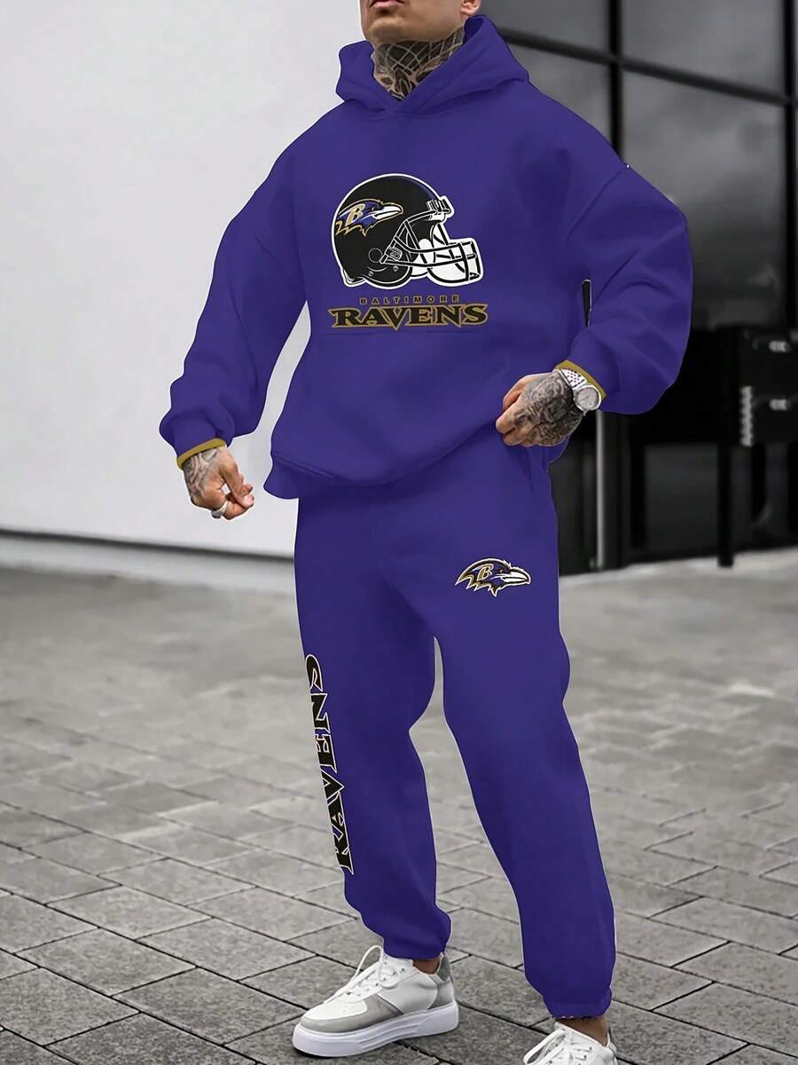 Balti-More Ravens Casual Hoodie Jogging Sweatpants Tracksuit Set, Football Team Men's Tracksuit Set, Men's Game Day Hoodie Set - 彩色 - 查看 1