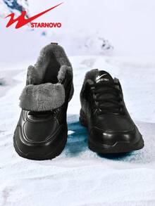 STARNOVO 男士冬季保暖运动鞋，超轻鞋底，皮革鞋面设计，户外运动黑色时尚休闲运动鞋