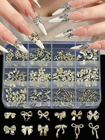 120件装金/银蝴蝶结丝带装饰美甲饰品 - 合金金属美甲饰品套装，适用于DIY美甲护理