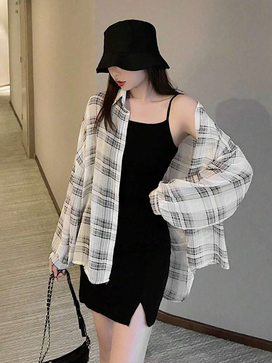 女士格子衬衫，夏季新款休闲宽松上衣 白色春季