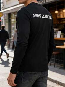 男士速干长袖健身打底圆领运动衫，适合跑步，春秋季 - 黑色 - 查看 1
