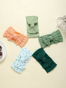 5pcs/Set Multicolor Floral Print Bow Baby Headbands, Super Cute Infant Fontanel Headwraps, Lightweight & Breathable, Suitable For All Seasons, Great For Photos And Gifts - Orange and Green - View 9