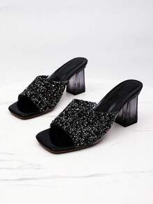Black Square Toe Rhinestone Embellished Transparent Heel Sandals, Elegant Ladies Fashion High Heels For Spring/Summer, Suitable For Commuting - Black - View 7