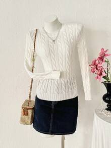 PUMPKIN 女士秋冬圆领修身麻花针织毛衣 - 适合通勤、休闲、甜美、学院风、情人节派对及其他场合 - 白色 - 查看 3