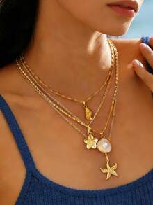4pcs Bohemian Vintage Multi-Layer Necklace Set With Ocean-Themed Charms - Includes Starfish, Shell, Pearl, Flower Pendants. Suitable For Vacation, Summer Party Outfits, Luxurious Beachy Vibe - Yellow Gold - View 2
