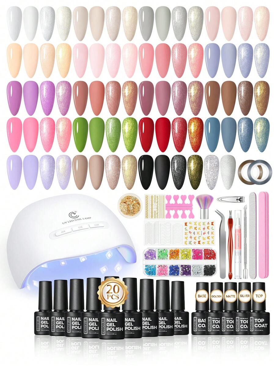 coscelia Bộ 41 món sơn móng tay gel, bao gồm đèn UV, sơn gel màu nude & đỏ có thể tẩy rửa, miếng dán trang trí móng tay đính đá, bộ quà tặng thiết kế làm móng cho nữ. - Nhiều màu - Xem 1