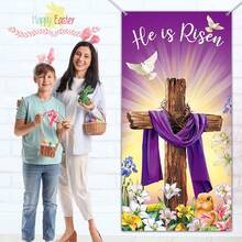 1pc 2D Flat Easter Doorway Banner, Happy Easter Decoration, Risen He Lives Porch Sign, Religious Doorway Decor, Large Fabric Cross Easter Doorway Background, Jesus Spring Easter Party Decor, Hanging Flag, No Power Required - Multicolor - View 6