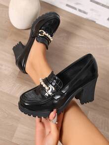 Tacones de plataforma de estilo empresarial elegante con decoración de cadena gruesa y transpirables para mujer - 211-11 Negro - Ver 3
