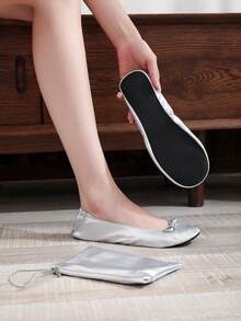 Premium Women's Foldable Yoga Carry Bag, Silver Flat Ballet Shoes For Dance Performance, Soft & Lightweight Indoor Slippers & Workout Shoes - Silver - View 6