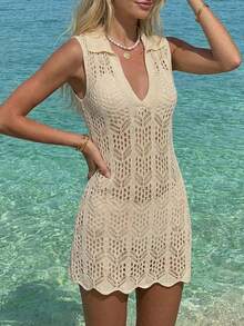 Cubrecuerpo de punto con cuello transparente y abertura lateral para mujer, ideal para vacaciones - Albaricoque - Ver 4