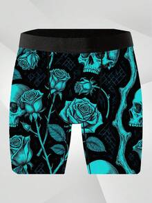 1 Pack Of Playful And Cute Casual Men's Boxer Shorts, Featuring A Design Of Dark Blue, Skull, And Rose Patterns On Short Pants. Made Of Knitted Fabric. Valentine's Day Creative Boxer Shorts, Breathable And Sweat-Wicking, Soft And Skin-Friendly. Perfect Gift For Boyfriends. Novelty Men's Shorts. - Multicolor - View 2