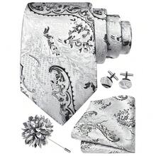 GUSLESON 8cm Paisley Tie Set For Men Necktie Lapel Pin Pocket Square Cufflinks Set For Men,Silver/Black - Silver/Black - View 2