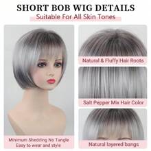 Short Gray Bob Wig With Bangs For White Women 10 Inch Layered Mix Gretraight Bob Wig Chin Length Salt And Pepper Wigs For Women Synthetic Natural Looking Daily Party Wig,38547124 - 無色 - 查看 6