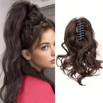 女士14英寸卷曲波浪爪夹马尾假发，高温丝合成发，轻盈蓬松，公主辫造型