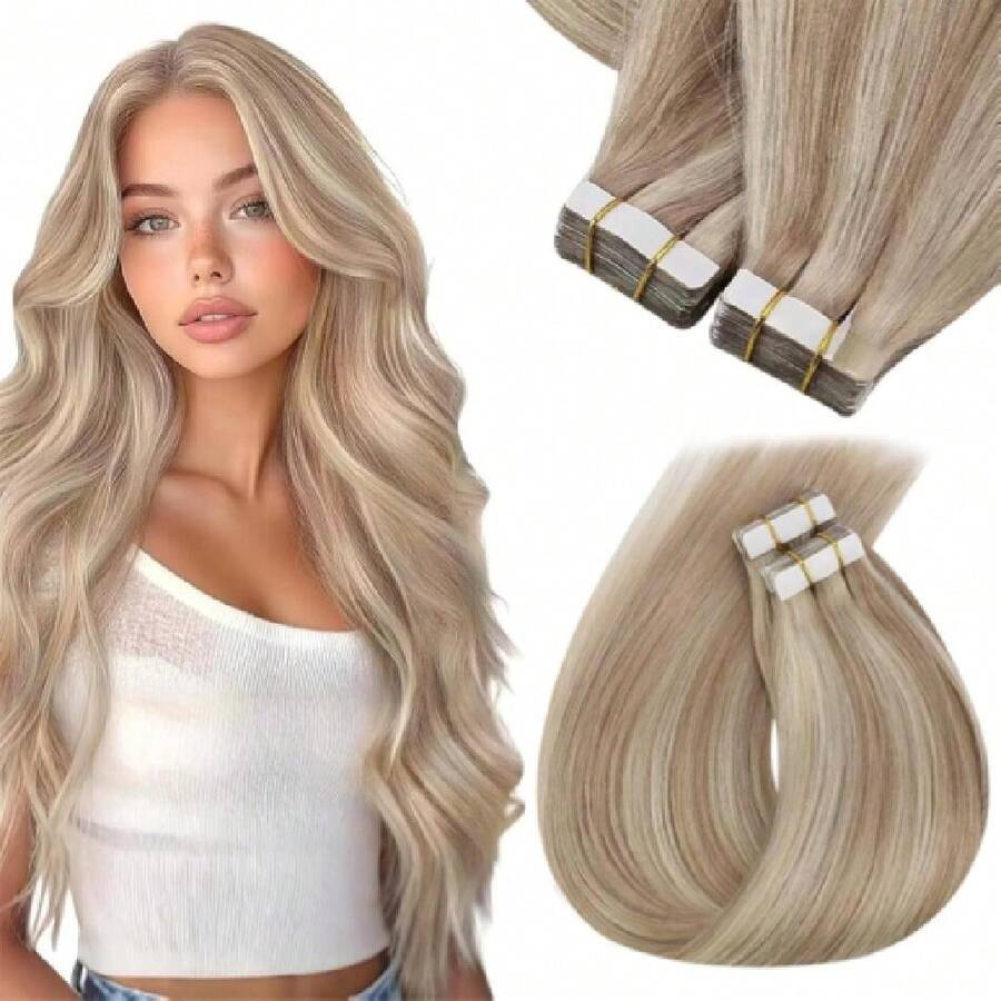 Tape In Hair Extensions Real Human Hair Invisible Remy Hair Extensions Tape Ins For Women Ash Blonde High Bleach Blonde With Pink Hue 14 Inch 40pcs 100g,38531599 - Blonde Highlight - View 1