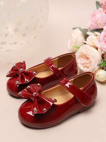 婴儿平底鞋，女童蝴蝶结铆钉休闲鞋，舒适百搭公主鞋，低鞋面时尚皮鞋 - 酒紅色 - 查看 4