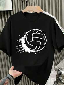 T-shirt décontracté à imprimé volley-ball, en matière de haute qualité, col rond, coupe confortable, imprimé artistique - Noir - Voir 2