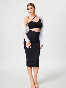 Women's Black Waist Cinching Pencil Skirt, Suitable For Spring, Summer And All Seasons - Black - View 4