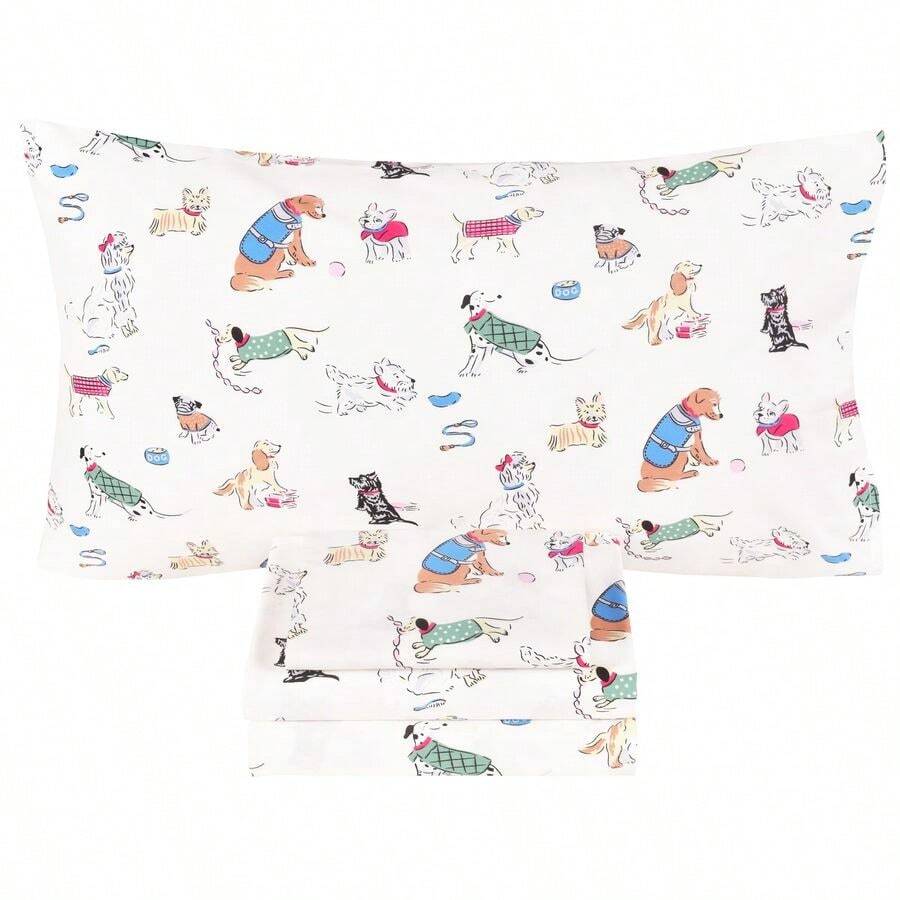 Animals Whale Zebra Monkey Tiger 100 Cotton 4 Pcs Full Bed Sheet Set Kids Boys Girls Toddler Teen, Flat Sheet amp Fitted Sheet amp Pillowcase Kids Bedding Set Full, Animals - DoblePerros - Ver 1