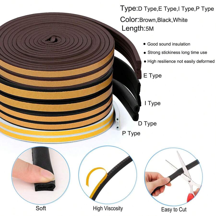5M Door & Window Weather Stripping, Soundproof Insulation Seal Strip With Self-Adhesive Rubber Collision Protection - A - View 1