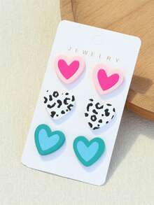 3 Pairs/Set Women's Pink Heart, Blue Heart, Leopard Print Acrylic Earrings, Romantic & Cute For Holidays, Party