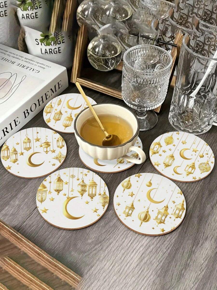 金色斋月 - 6 件套圆形木质杯垫，桌面保护垫，乔迁礼物，生日礼物，开斋节礼物，餐具保护垫，厨房用品，节日家居装饰，家居装饰 - 彩色 - 查看 1
