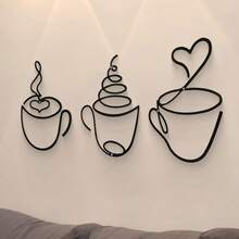 Juego de 3 piezas de decoración de pared de arte de hierro de lujo, escultura de pared de taza de café de metal negro moderno, decoración de pared con tema cultural, adecuado para sala de estar, comedor, decoración interior - Decoración de pared de arte de hierro de lujo, decoración de habitación, decoración de dormitorio, decoración del hogar, decoración de pared, cocina - Juego de 3 piezas - Ver 2