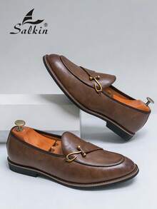 Luxury Retro Style Slip-On Loafers For Men, Elegant Gentleman Leather Shoes With Black Button Closure, Breathable Uppers, Non-Slip Durable Soles, Suitable For Casual, Business, Formal, Graduation Ceremony, Office, Party, Wedding, Spring/Summer/Autumn, Plus Size - Brown - View 3