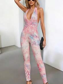 DOUCIU Leopard Print Halter Backless Sexy Slim Jumpsuit Night Club Event Outfit - Pink - View 1