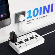 10 In One Power Strip Lightning Protection Device, Compact Design, 3250W 13A AC Socket, Including 7 AC Sockets And 3 USB Ports, With 4 Independent Switches, Portable British Standard Plug, Suitable For Home, Kitchen, Office Or Hotel Use - Ver 6