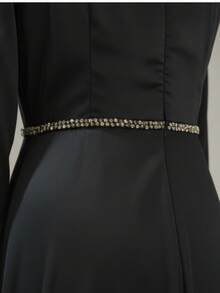Classic Black Satin Long Sleeve Evening Gown With Beaded Waist, Fitted A-Line Floor Length Dress - Black - View 4
