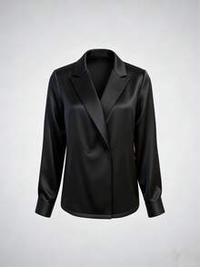 这款优雅的缎面纯色纽扣衬衫适合任何场合，从专业的商务场合到精致的晚装。 - 黑色 - 查看 3