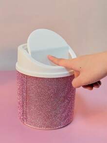 1 Rhinestone-Embellished Desktop Cosmetic Trash Can With Rotating Lid Desktop Organizer For Vanity, Bedroom, Or Office Sparkles In The Sunlight - Multicolor - View 5