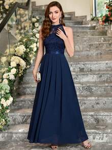 MIUSOL Backless Lace Trim Ruffle Hem Chiffon Formal Party Maxi Dress - Navy Blue - View 6