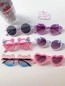 3/6 piezas Gafas de sol infantiles lindas con diseño de oso de dos colores, orejas de oso de peluche, forma de corazón, orejas de gato para niños - Multicolor - Ver 1
