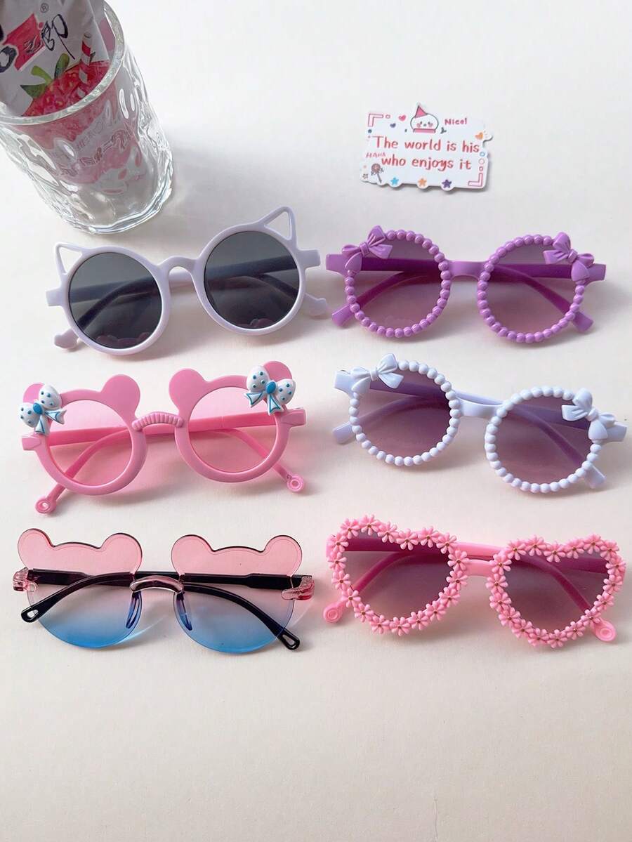 3/6 piezas Gafas de sol infantiles lindas con diseño de oso de dos colores, orejas de oso de peluche, forma de corazón, orejas de gato para niños - Multicolor - Ver 1