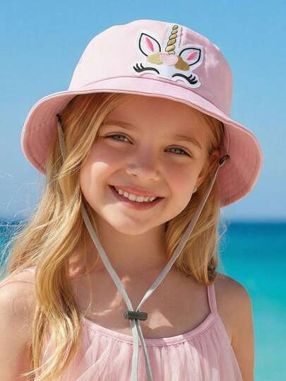 1pc Girls/Kids New Cartoon Unicorn Sun Hat, Spring/Summer Washed Cotton Solid Color Sun Hat, Lightweight Cotton Bucket Hat With Adjustable Drawstring