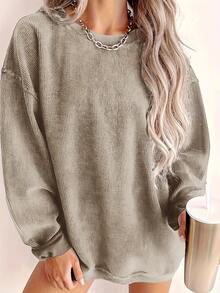 Warm Ribbed Pullover – Premium Textured Material, Ideal For Winter Outerwear & Spring-Winter Transitions. Oversized Silhouette Offers Cozy Comfort & Versatile Style, Easy To Pair For Any Casual Occasion. Stay Snug & Fashionable All Season Long. - Khaki - View 1