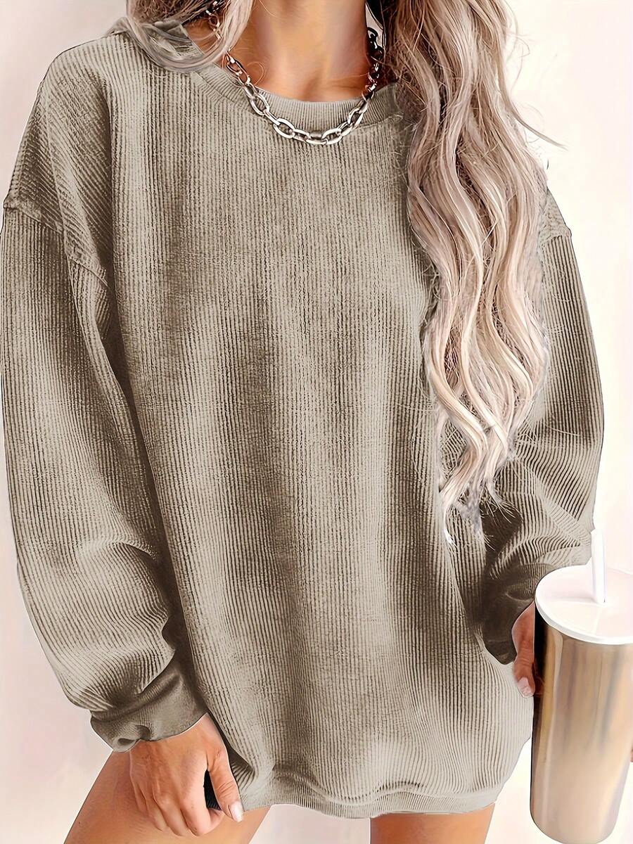 Warm Ribbed Pullover – Premium Textured Material, Ideal For Winter Outerwear & Spring-Winter Transitions. Oversized Silhouette Offers Cozy Comfort & Versatile Style, Easy To Pair For Any Casual Occasion. Stay Snug & Fashionable All Season Long. - Khaki - View 1