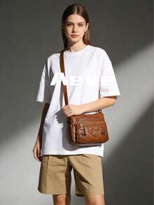 【轻便拉链斜挎包】优雅女士斜挎包，多口袋设计，人造革材质，轻巧纯色，可调节肩带，拉链封口，涤纶衬里，涂层饰边 - 提供黑色、灰色、红色、浅棕色可选 - 彩色 - 查看 4