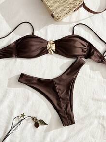 2pcs Solid Color Elegant Backless Tie Bikini Set, Fashionable Metal Decor For Beach Vacation Summer - Maroon - View 2