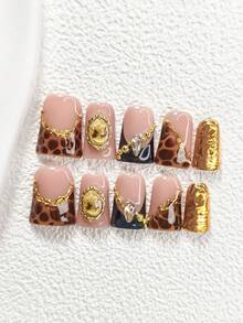 10pcs Gold-Plated Nail Stickers, Black French Fake Nails, Goddess Portrait Frame Accessories, Champagne Diamond Jewelry, Brown Wavy Nail Art, 3 Sizes: Almond, Square, Stiletto, Tools Kit (1pc Jelly Sticker + 1pc Nail File), Suitable For Women And Girls, Autumn/Winter, Party, Daily Wear Nail Supplies - 彩色 - 查看 16