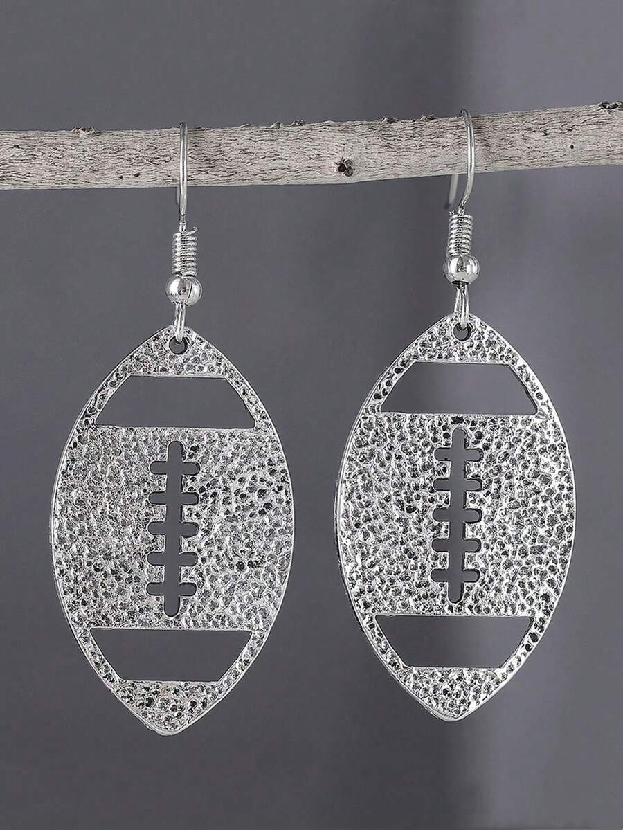 一对独特的镀银足球/橄榄球吊坠耳环，锌合金材质，复古优雅女士运动配饰 - 銀色 - 查看 1